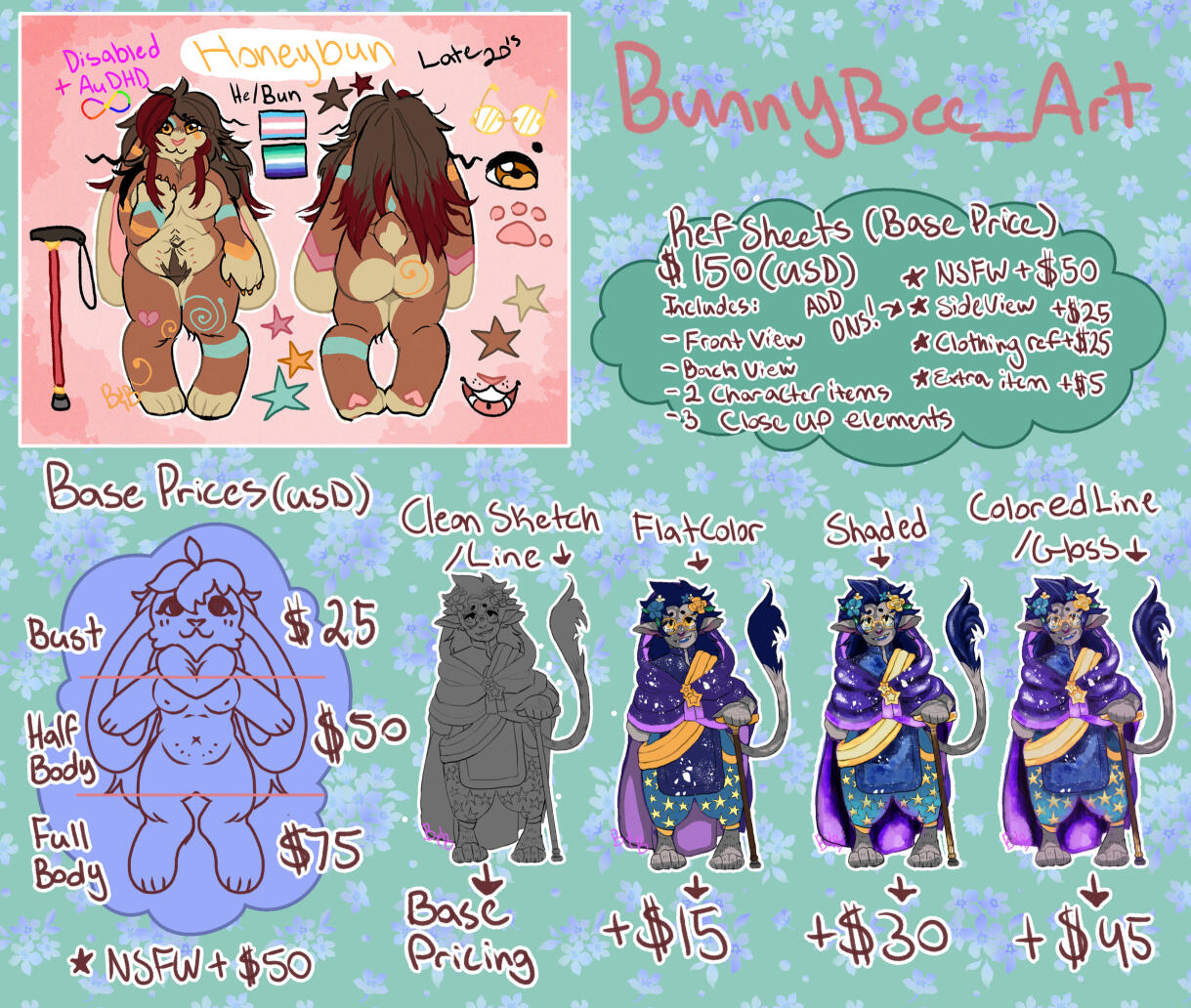 (Page one of BunnyBee_Art's Price Sheet - Base Prices) Base prices: Bust $25, Half Body $50, Full Body $75. Ref Sheets: Start at $150